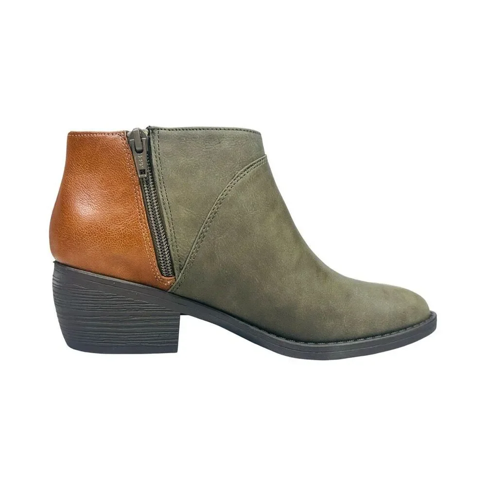 Melrose Avenue Speed Dial Vegan Leather Ankle Booties - Olive/Cognac - Size 7.5